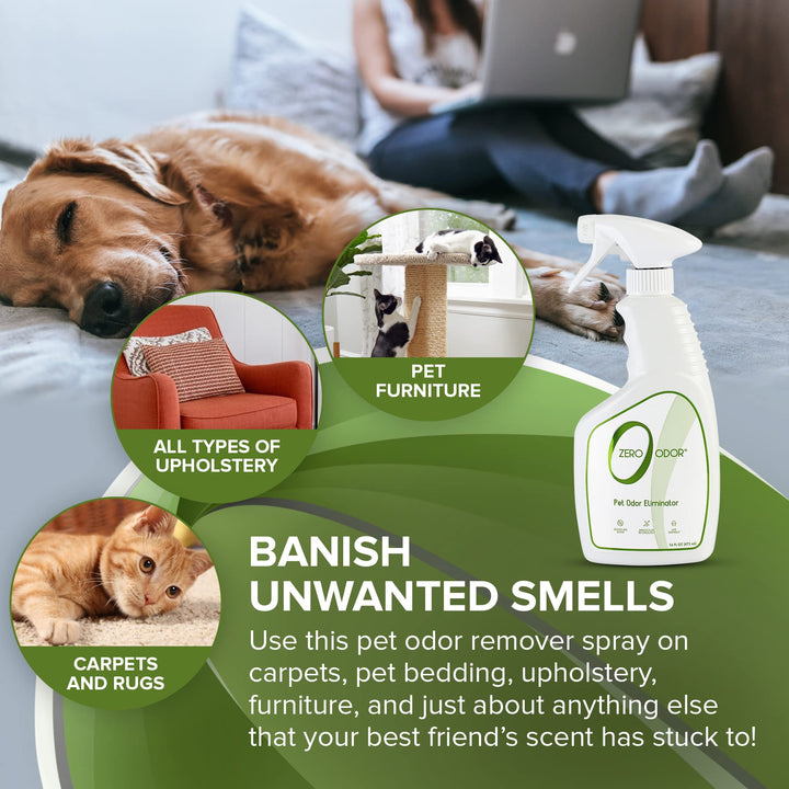 Zero Odor - Pet Eliminator Permanently Eliminate Air & Surface Odors  Patented Molecular Technology Best For Carpet, Furniture, Beds Smell Great Again (Over 400 Sprays Per Bottle)