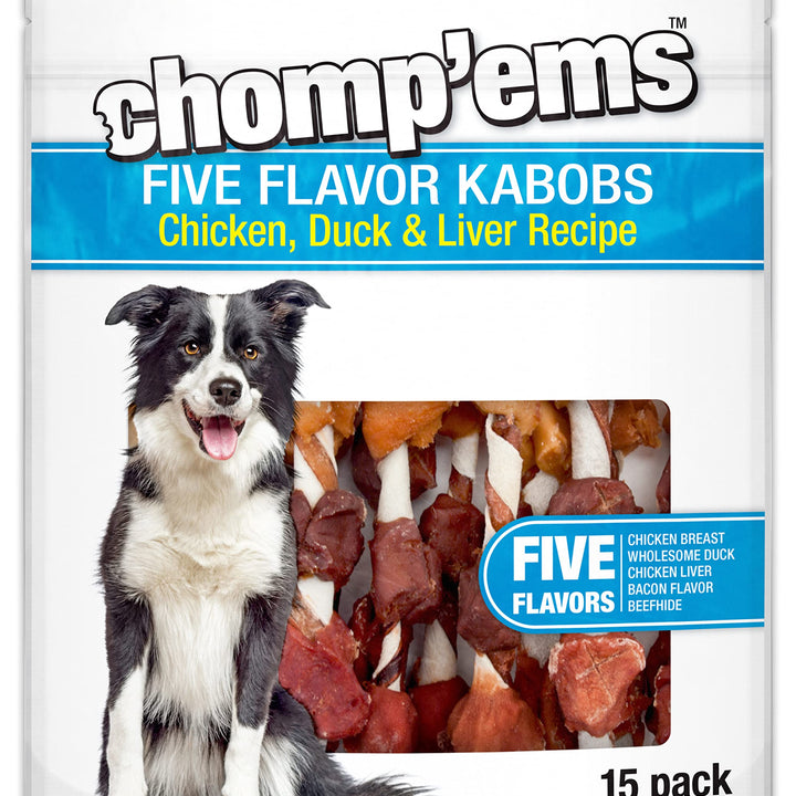 CHOMP 'EMS Five Flavor Kabobs Dog Treats - Beefhide Chewstick - High Protein Dog Chews, 15 Count 15 Count (Pack of 1)