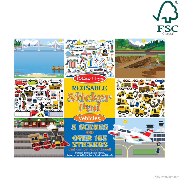 Melissa & Doug Reusable Sticker Pad: Vehicles - 165+ Reusable Stickers, Trucks, Trains, Planes, Cars and Construction Vehicle - FSC-Certified Materials