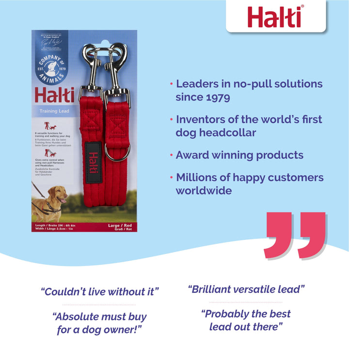 HALTI Training Leash - Multifunctional Double-Ended Dog Leash, Ideal for Anti-Pulling Dog Training. Easy to Use, Lightweight & Durable. Suitable for Medium to Large Dogs & Puppies (Size Large, Red)