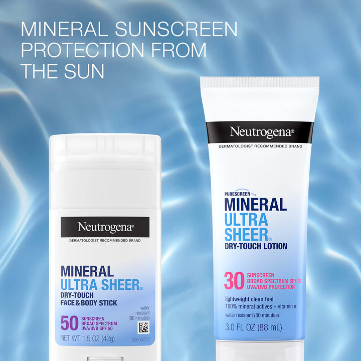 Neutrogena Mineral UltraSheer Dry-Touch SPF 30 Sunscreen Lotion, Water-Resistant Broad-Spectrum UVA/UVB Protection, Skin Nourishing, Lightweight With Vitamin E, Oxybenzone-Free, 3.0 fl. oz 3 Fl Oz (Pack of 1)