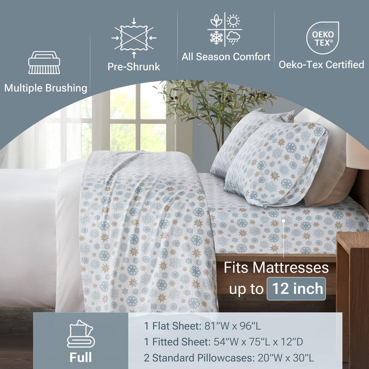 Sleep Philosophy True North Cozy Flannel Warm 100% Cotton Sheet - Novelty Print Animals Stars Cute Ultra Soft Cold Weather Bedding Set, Queen, Aqua Dots 4 Piece