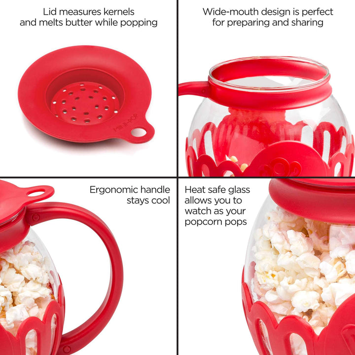 Ecolution Patented Micro-Pop Microwave Popcorn Popper with Temperature Safe Glass, 3-in-1 Lid Measures Kernels and Melts Butter, Made Without BPA, Dishwasher Safe, 1.5-Quart, Red