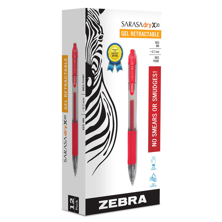 Zebra Pen Sarasa Dry X20 Retractable Gel Pen, Medium Point, 0.7mm, Red Ink, 12-Pack