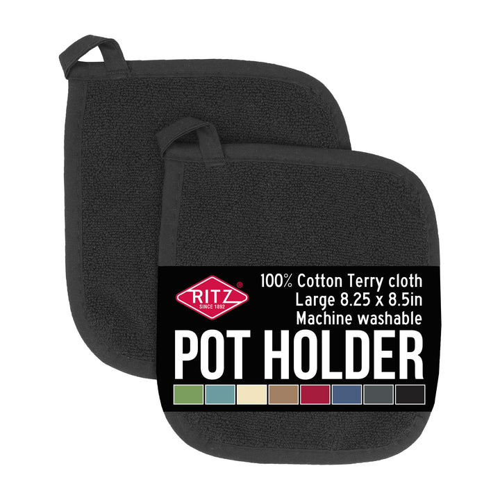 100% Cotton Terry Pot Holders For Kitchen, 2-Pack, 8.5"x8.25" Black RITZ Royale Pot Holder -- 2 pk