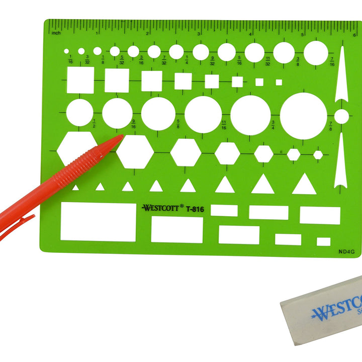 Westcott T-816 All-Purpose Technical Drawing Template, Plastic Shape Template Tool, Green, 4.5 by 6 In