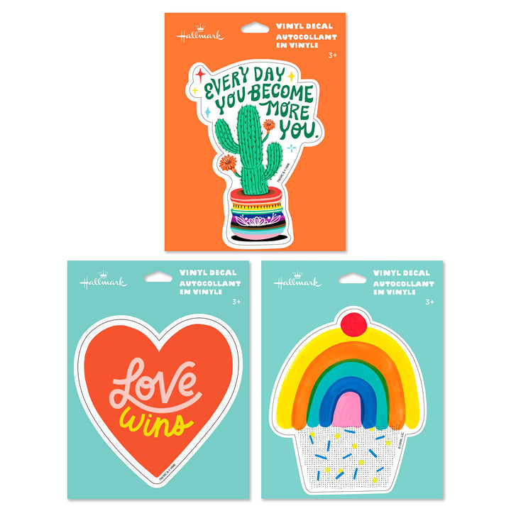 Hallmark Pack of 3 Stickers for Water Bottles, Planners, Notebooks, Wall (Cupcake, Cactus, and Heart Pride Decals for Teens or Adults) Cupcake, Cactus, and Heart Pride Decals for Teens or Adults