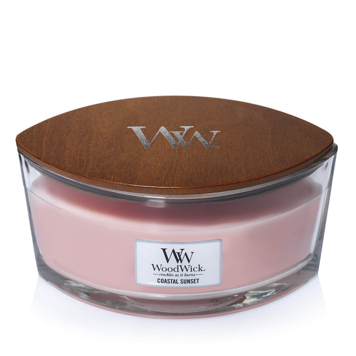 Woodwick Ellipse Scented Candle, Coastal Sunset, 16oz | Up to 50 Hours Burn Time & Large Hourglass Candle, Coastal Sunset, 21.5 oz Candle + Candle, MEDIUM PINK Ellipse Candle