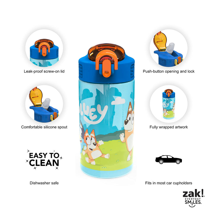 Zak Designs Bluey Kids Durable Plastic Spout Cover and Built-in Carrying Loop, Leak-Proof Water Design for Travel, (16oz, 2pc Set), Bluey Bottle 2pk 2 Count (Pack of 1)