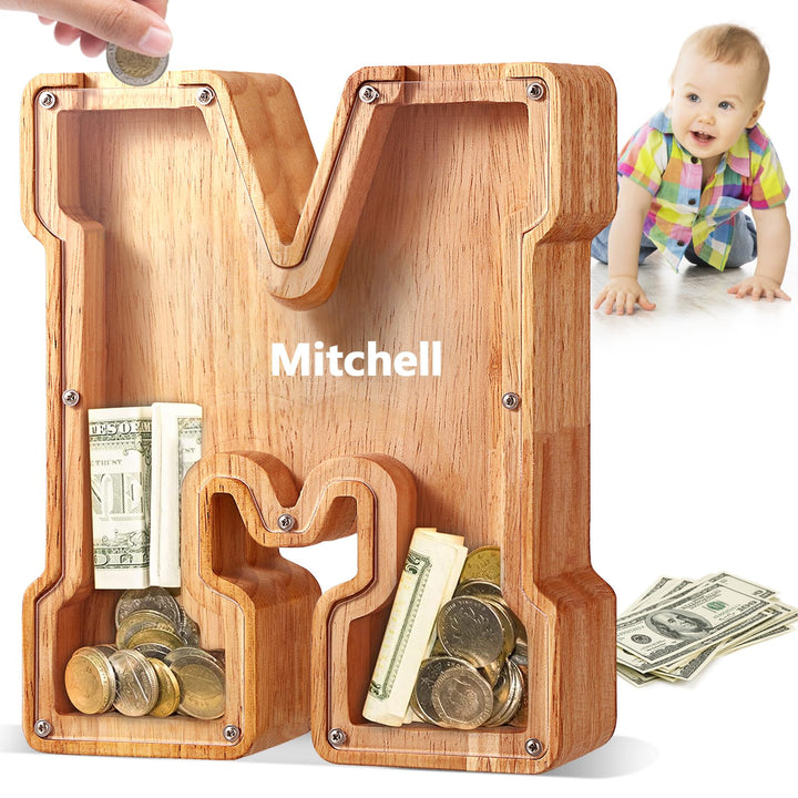 Wooden Coin Bank, A-Z Alphabet Letter Piggy Bank for Kids Boys Girls, Piggy Bank Toy, Money Box, DIY Name Birthday Room Decoration（M） M