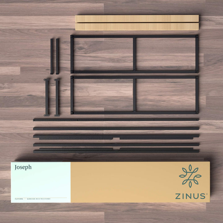 ZINUS Joseph 18 Inch Platform Bed Frame, Wood Slat Support, No Box Spring Needed, Eco Friendly WonderBox(TM) Packaging, Easy Assembly, Black, Queen 18 Inch Bed Frame New Small Box