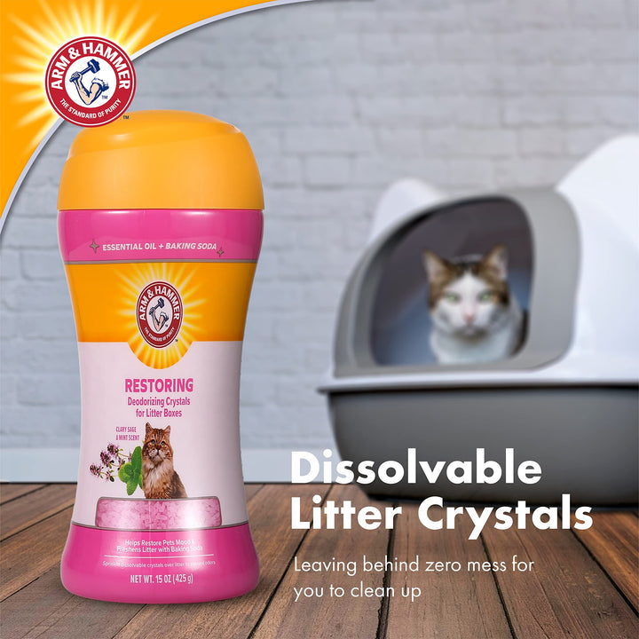 Arm & Hammer Restoring Cat Litter Box Deodorizing Crystals, Clary Sage & Mint Scent - Cat Smell Eliminator for Home, Odor Control, Cat Litter Crystals, Cat Essentials, 15 Ounce Restoring - Clary Sage & Mint 15 Ounce (Pack of 1)