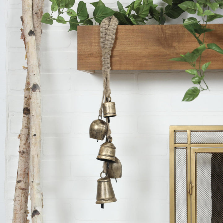 Deco 79 Gold Metal Tibetan Inspired String Hanging Decorative Bells with Jute Hanging Rope 4" x 8" x 52" - Cone 52" x 4" x 8"