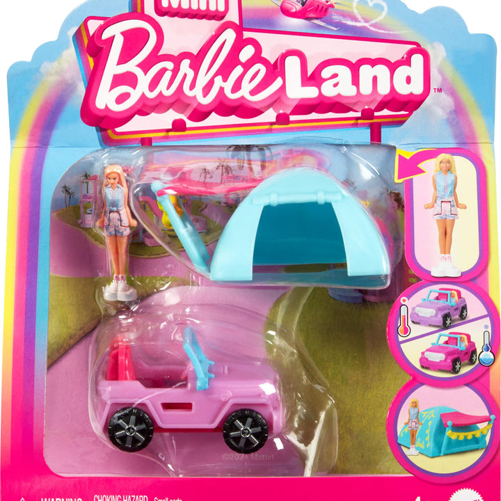 Barbie Mini BarbieLand Doll & Toy Vehicle Sets, 1.5-inch Doll & SUV with Color-Change Surprise & Tent Accessory Jeep