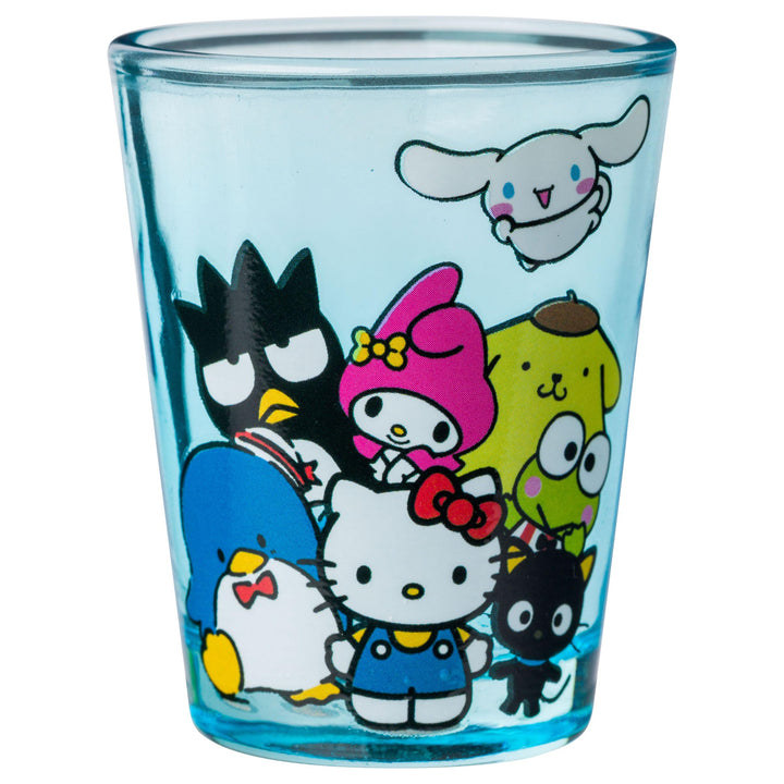 Silver Buffalo Sanrio Hello Kitty and Friends Featuring My Melody, Keroppi, Chococat, Pompompurin, Tuxedo Sam, Cinnamoroll, and Badtz-Maru 4 Pack Mini Glass Set, 1.5 Ounces Sanrio Group Shot