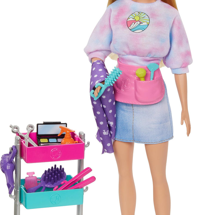 Barbie Stylist Doll & 14 Accessories, Blonde Malibu Fashion Doll On-set with Cart, Smock, Makeup Palette, Pet Puppy & More