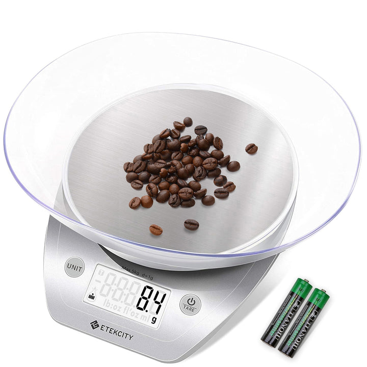 Etekcity Food Scale, 11lb/0.1g, Digital Kitchen Scale with Detachable Bowl Weight Grams and Ounces for Coffee, Baking, Cooking, Large LCD Display Stainless Steel (Batteries Included) Arctic Sliver