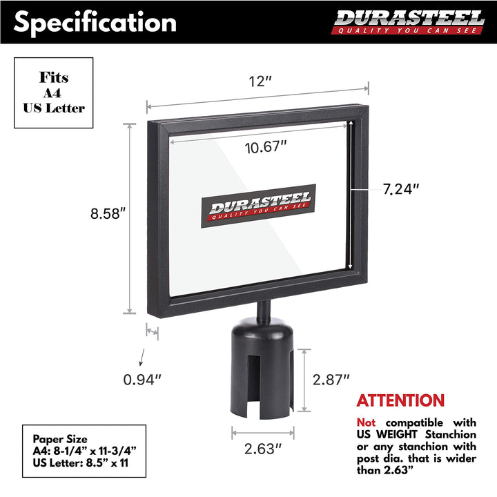 DuraSteel Stanchion Sign Holder - Landscape Display for 8.5" x 11" Paper Size - Double Sided Sign Frame with Plexiglass Cover - NOT Fit with US Weigh Sentry Stanchion - Crowd Control & Queue Barrier Standard