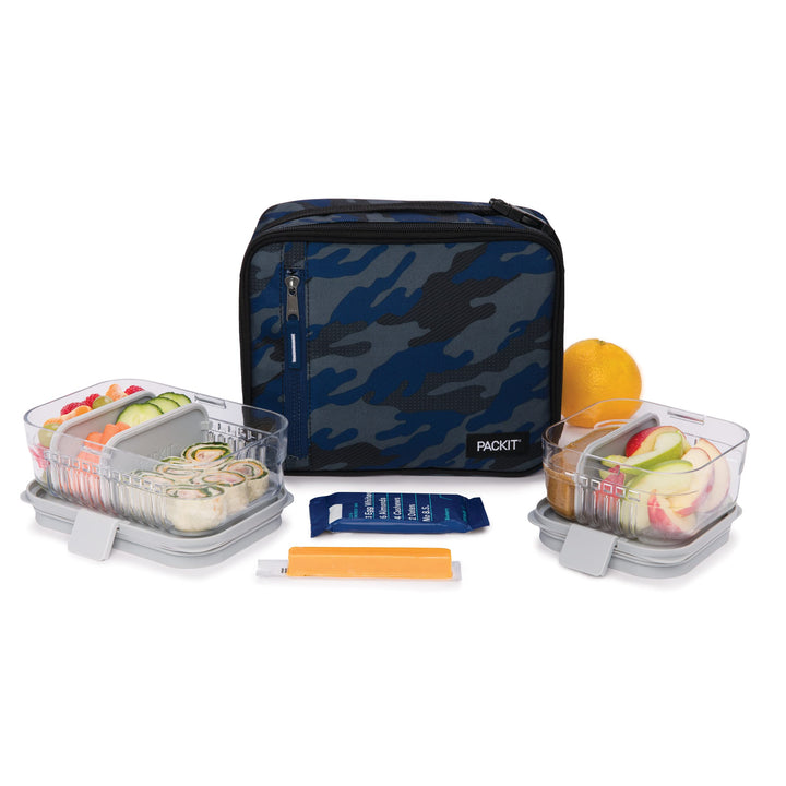 PackIt Freezable Classic Lunch Box, Sporty Camo Charcoal Navy, Built with EcoFreeze Technology, Collapsible, Reusable, Zip Closure With Zip Front Pocket and Buckle Handle, Desgined for Lunches Sporty Camo Navy