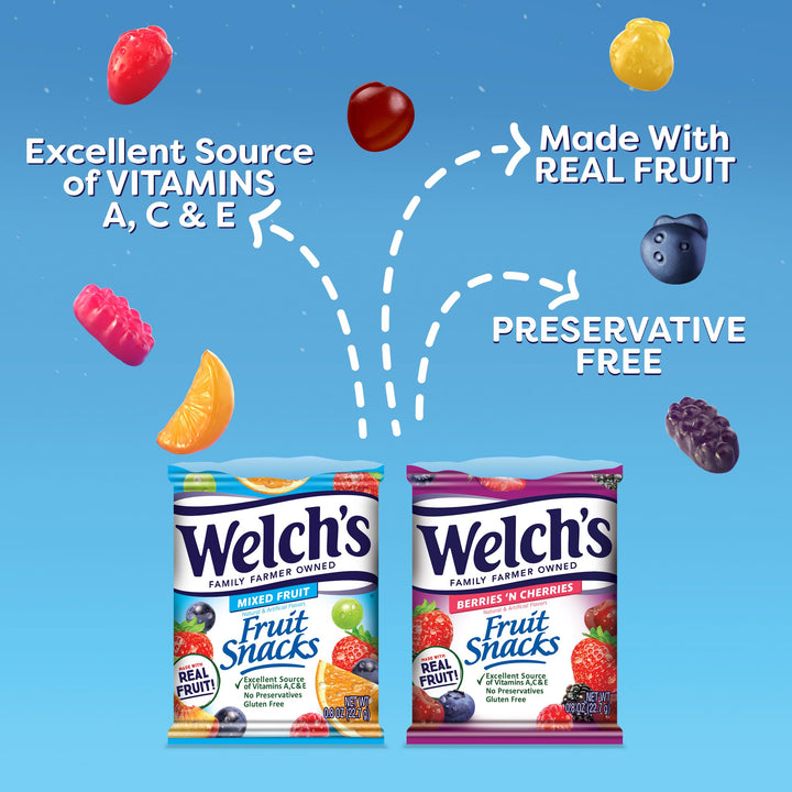 Welch's Fruit Snacks, Mixed Fruit & Berries 'N Cherries Variety Pack, Perfect Halloween Candy Bulk Pack, Gluten Free, 0.8 oz Individual Single Serve Bags (Pack of 60) 0.8 Ounce (Pack of 60)