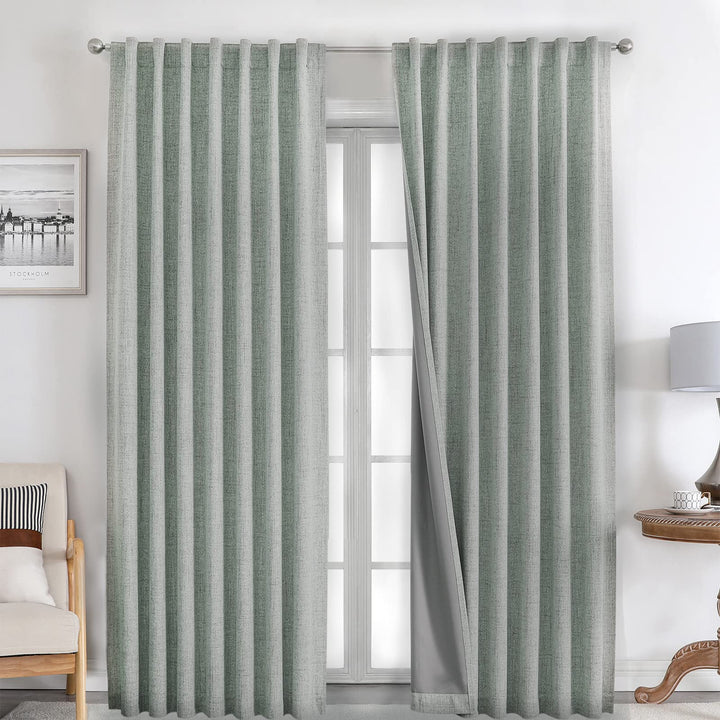 Joydeco 100% Black Out Curtains 63 inch Long 2 Panels Burg Natural Blackout Linen Drapes for Bedroom Living Room Darkening Curtain Thermal Insulated Back tab Rod Pocket(37x63 inch,Sage Green) Sage Green 37"W x 63"L (Pack of 2)