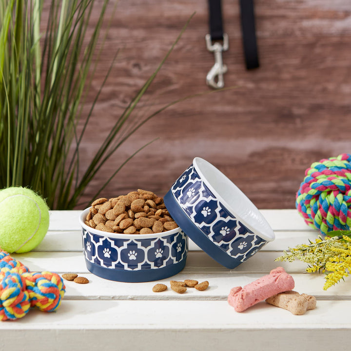 Bone Dry Lattice Pet Bowl, Removable Silicone Ring Creates Non-Slip Bottom for Secure Feeding & Less Mess, Microwave & Dishwasher Safe, Small Set, 4.25x2", Nautical Blue, 2 Count Small Round (2)