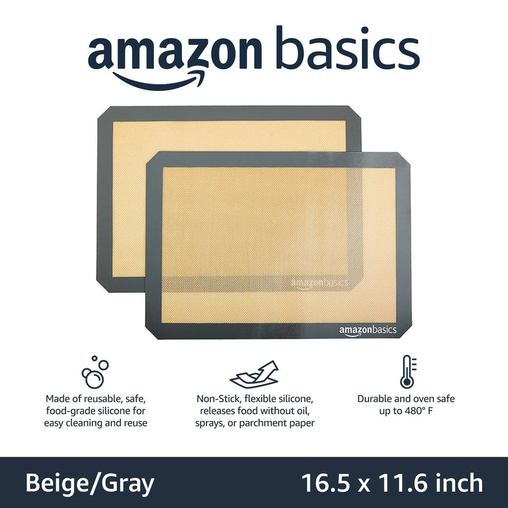 Basics Silicone, Non-Stick, Food Safe Baking Mat, Pack of 2, New Beige/Gray, Rectangular, 16.5" x 11.6" 2-Pack Baking Mats