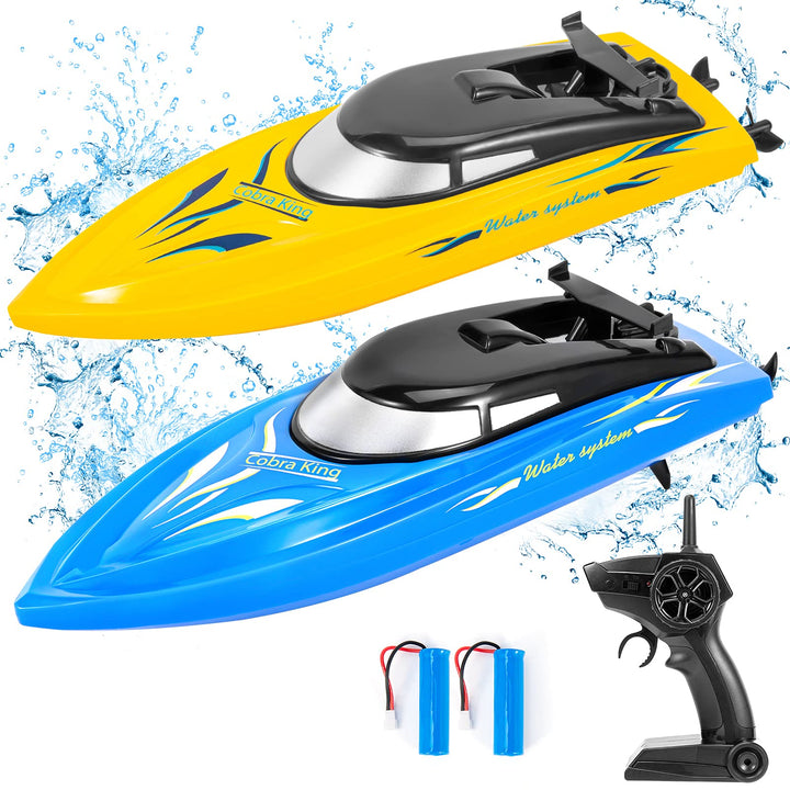 2-Pack High-Speed RC Boats for Pools and Lakes - 10km/h 2.4G Remote Control Boats for Kids and Adults, Fast RC Boats with 4 Rechargeable Batteries (Blue+Yellow)