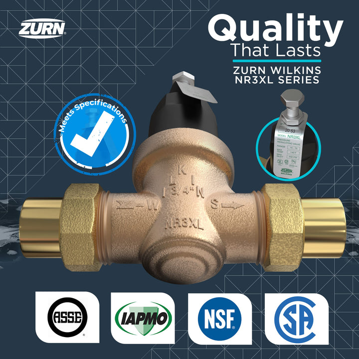 Zurn Wilkins 1-NR3XLDUC 1" NR3XL Pressure Reducing Valve with Double Union FNPT Copper Sweat Connection 1 Inch