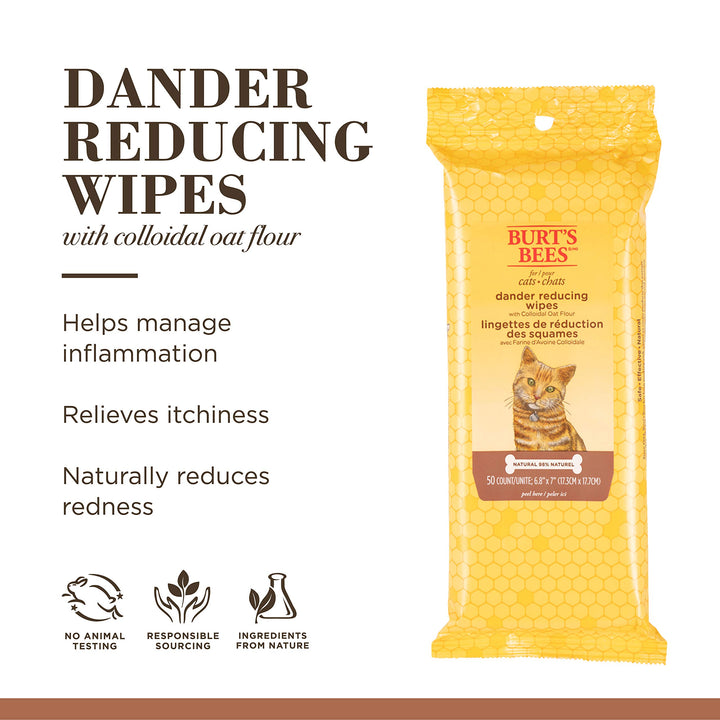 Burt's Bees for Pets Cat Natural Dander Reducing Wipes | Kitten and Cat Wipes for Grooming | Cruelty Free, Sulfate & Paraben Free, pH Balanced for Cats - Made in USA - 50 Count, 2 Pack