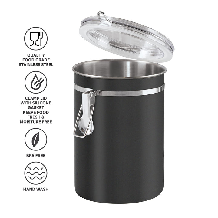 Oggi Stainless Steel Kitchen Canister 47 fl oz, Black - Airtight Clamp Lid, Clear See-Thru Top - Ideal for Kitchen Storage, Food Storage, Pantry Storage. Large Size 5" x 6". 52-ounce Airtight Canister