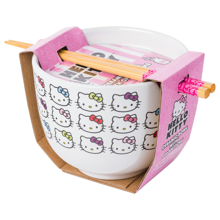 Silver Buffalo Sanrio Hello Kitty Faces and Bows Pattern Ceramic Ramen Rice Bowl with Chopsticks, 20 Ounces