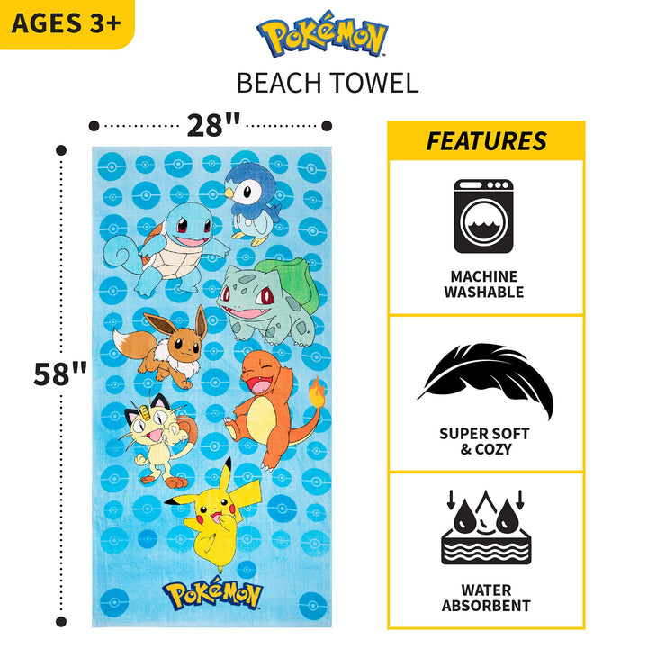 Franco Kids Super Soft Cotton Beach Towel, 58 in x 28 in, Pokemon Blue