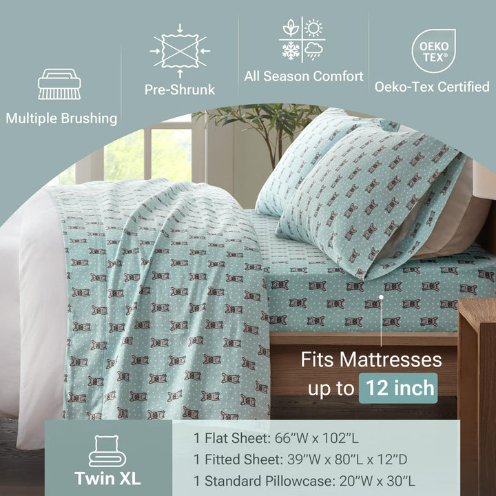 Sleep Philosophy True North Cozy Flannel Warm 100% Cotton Sheet - Novelty Print Animals Stars Cute Ultra Soft Cold Weather Bedding Set, Queen, Aqua Dots 4 Piece