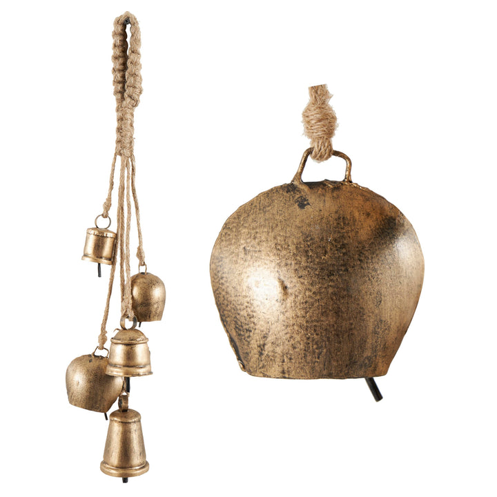 Deco 79 Gold Metal Tibetan Inspired String Hanging Decorative Bells with Jute Hanging Rope 4" x 8" x 52" - Cone 52" x 4" x 8"