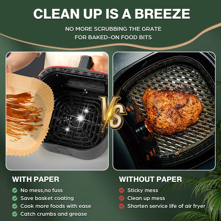 【Upgraded】 Air Fryer Disposable Paper Liners - 150 Pcs Thickened Deeper 6.5 Inch for 2-5QT Square Air Fryer Liners, Reversible Parchment Paper for Air Fryer, Baking and More