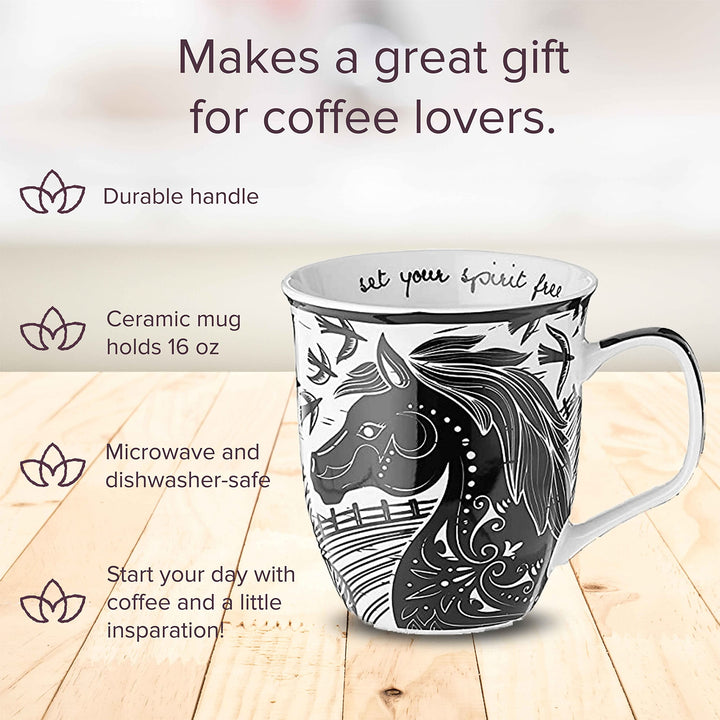 Karma Gifts 16 oz Black and White Boho Mug Horse - Cute Coffee and Tea Mug - Ceramic Coffee Mugs for Women and Men