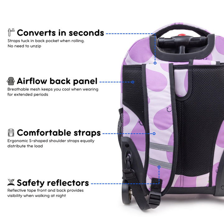 J World New York Sunrise Kids Rolling Backpack for Girls Boys Teen. Roller Bookbag with Wheels, Mr. Eggplant, 18"