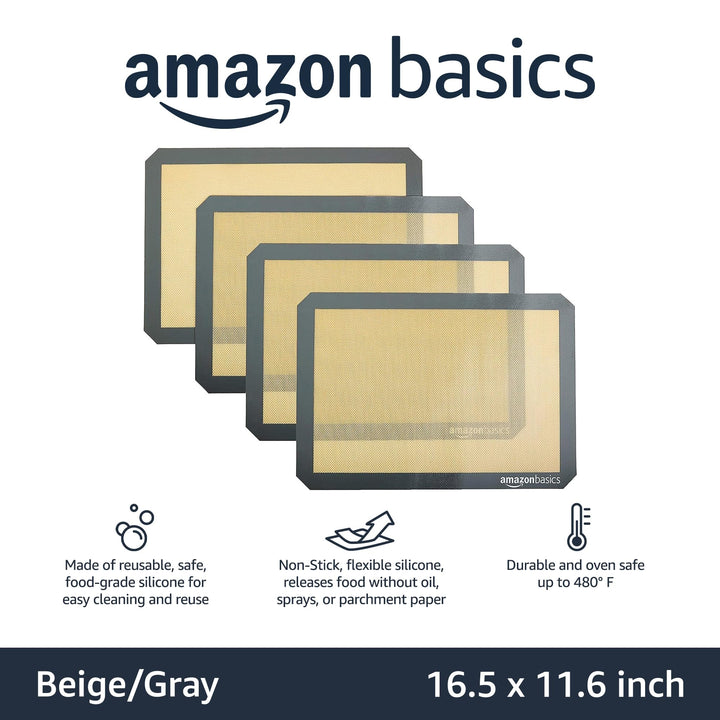 Basics Silicone, Non-Stick, Food Safe Baking Mat, Pack of 4, Beige/Gray, Rectangular, 16.5" x 11.6" 4-Pack Baking Mats