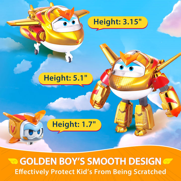 Super Wings - 5" Transforming 2-Pack Supercharged Golden Boy & Super Pet Airplane Toys | New from Season 7 | Airplane to Robot | Preschool Birthday Gifts for 3 4 5 Year Old Kids | with Light Effect