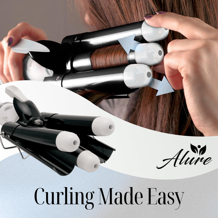 Alure Three Barrel Curling Iron Wand Hair Waver with LCD Temperature Display - 1 Inch Ceramic Tourmaline Triple Barrels, Dual Voltage Crimp