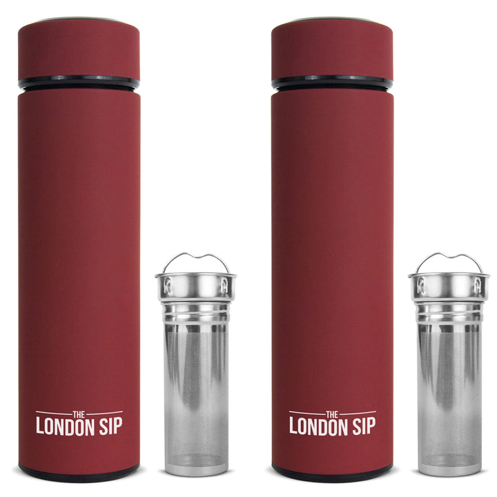 London Sip Multi-Purpose Travel Mug and Tumbler Fruit Infused Flask Hot and Cold Double Wall Stainless Steel Thermos with Extra-Long Infuser, Sacred Red 16.9 Ounces