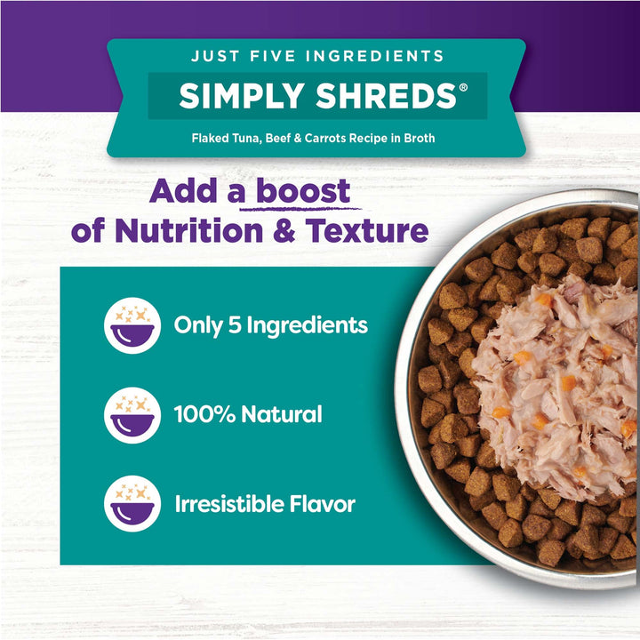 Wellness Bowl Boosters Simply Shreds Natural Grain Free Wet Dog Food Mixer or Topper, Tuna, Beef & Carrots, 2.8-Ounce Pouch (Pack of 12) 2.8 Ounce (Pack of 12)