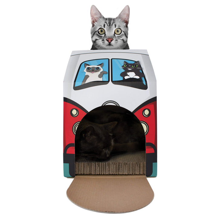 American Cat Club Cat House with Scratcher & Catnip included - Retro Van, 1 Count (Pack of 1)