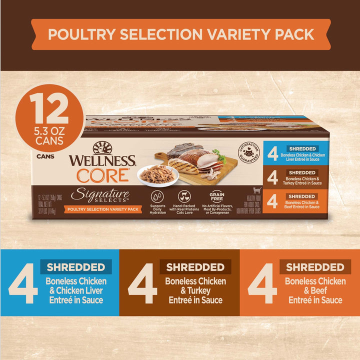 Wellness CORE Grain-Free Signature Selects Wet Cat Food, Natural Pet Food Made with Real Meat (Poultry Variety Pack, 2.8 Ounce Can, Pack of 8) Poultry Variety Pack 2.8 Ounce (Pack of 8)