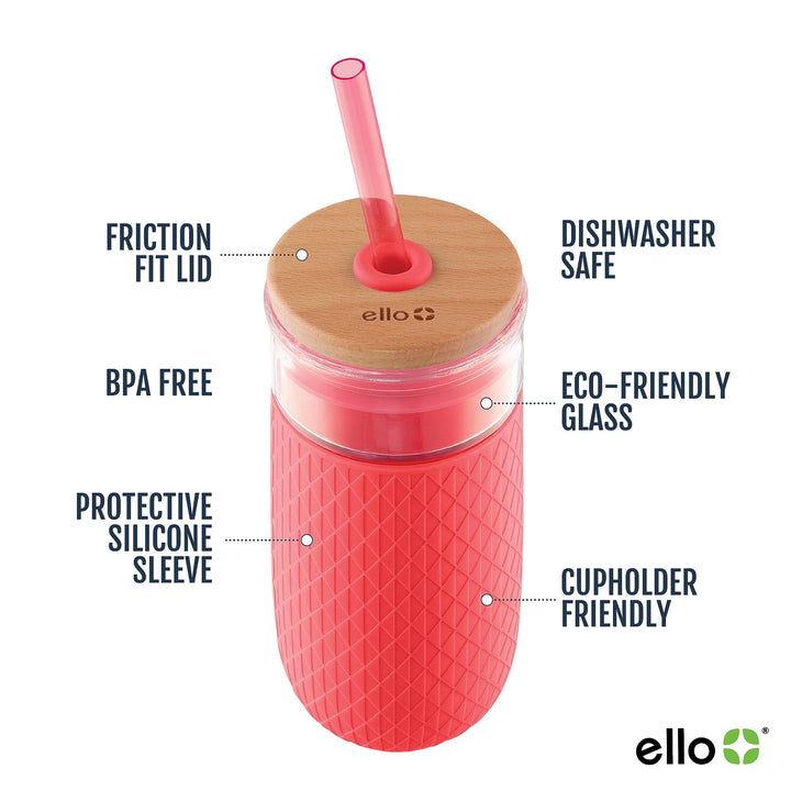 Ello Devon Glass Tumbler with Silicone Sleeve Coral