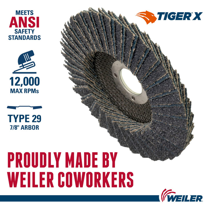 Weiler 51209 Tiger X Flap Disc, Ceramic and Zirconia Alumina, Angled, Phenolic Backing, 40 Grit, 5", 7/8" Arbor Hole (Pack of 10) High Performance Steel / Metal