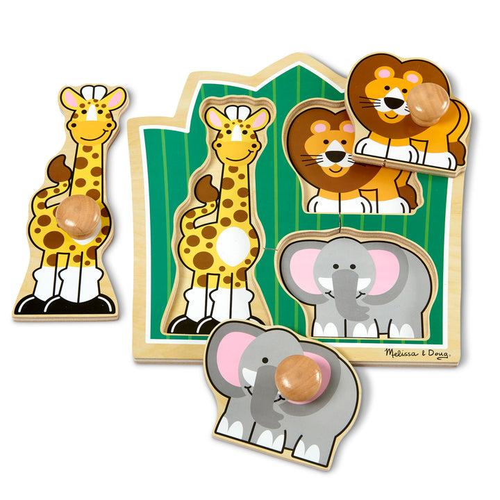 Melissa & Doug Jungle Friends Safari Animals Jumbo Knob Wooden Puzzle - Wooden Peg Chunky Baby Puzzle, Preschool Learning Puzzle, Wooden Puzzle Board For Toddlers Ages 1+