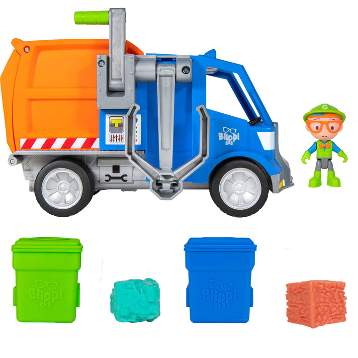 Blippi Recycling Truck - Includes Character Figure, Working Lever, 2 Trash Cubes, 2 Recycling Bins - Sing Along with Popular Catchphrases - Educational Toys for Kids - Exclusive