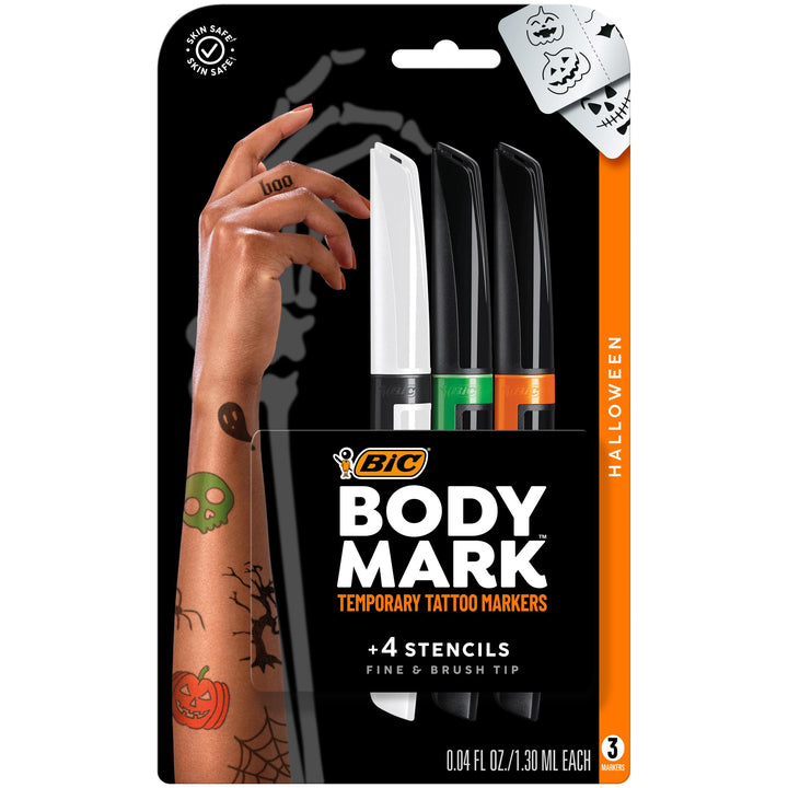 BodyMark Halloween Pack - Deluxe Body Markers, Premium Temporary Tattoo Markers for Skin, DIY Halloween Costume Long Lasting Temporary Tattoos, Custom Tattoo Kit with 3ct Markers & 4ct Spooky Stencils